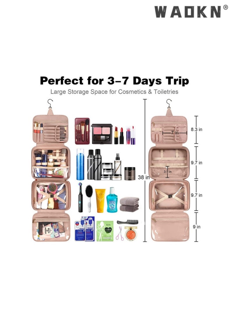 Portable Toiletry Bag, Hanging Travel Makeup Bag for Women, Large Waterproof Cosmetic Bags Fashion Travel Storage Bag with Elastic Band Holders for Toiletries, Cosmetics, Brushes, Bottle, Pink