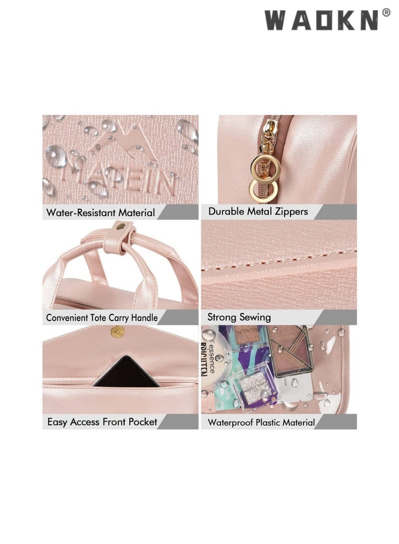 Portable Toiletry Bag, Hanging Travel Makeup Bag for Women, Large Waterproof Cosmetic Bags Fashion Travel Storage Bag with Elastic Band Holders for Toiletries, Cosmetics, Brushes, Bottle, Pink