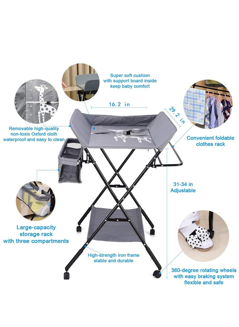 Portable Baby Changing Table with Wheels and Storage Rack and Bag Multifunctional Newborn Dressing for Clothes Massage