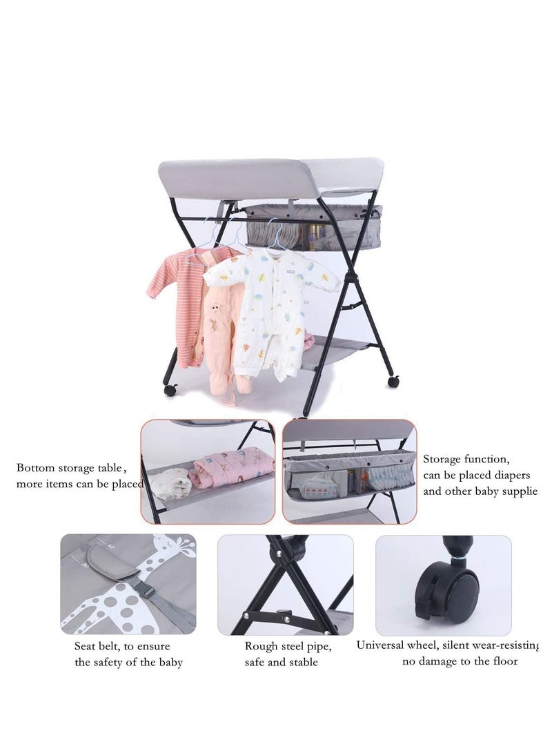 Portable Baby Changing Table with Wheels and Storage Rack and Bag Multifunctional Newborn Dressing for Clothes Massage