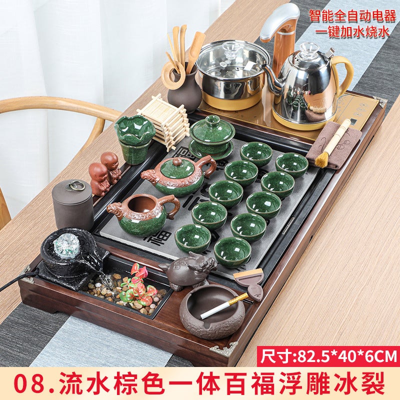 Wholesale Tea Set Tea Tray Set with Running Water Atomization Creative Tea Table Set Household Four-in-One Automatic Electric Magnetic Stove 8 flowing water brown integrated Baifu relief ice crack