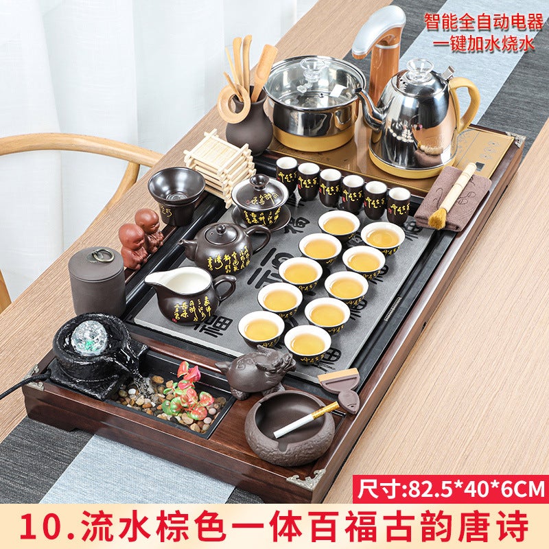 Wholesale Tea Set Tea Tray Set with Running Water Atomization Creative Tea Table Set Household Four-in-One Automatic Electric Magnetic Stove 10 running water brown integrated Baifu Ancient rhyme Tang poetry