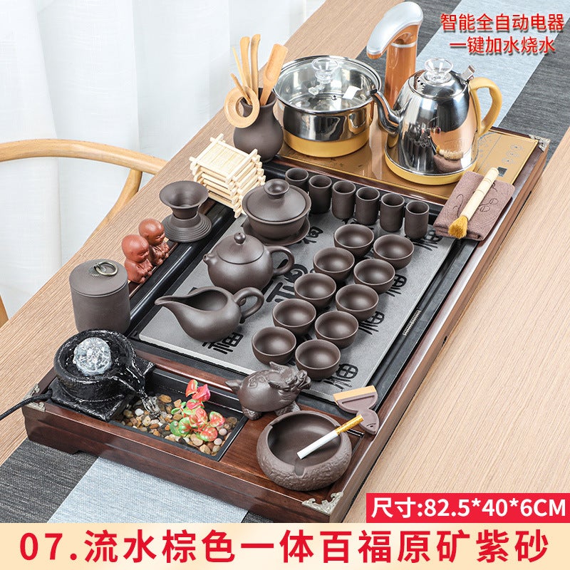 Wholesale Tea Set Tea Tray Set with Running Water Atomization Creative Tea Table Set Household Four-in-One Automatic Electric Magnetic Stove 7 Running Water Brown integrated Baifu raw ore purple sand