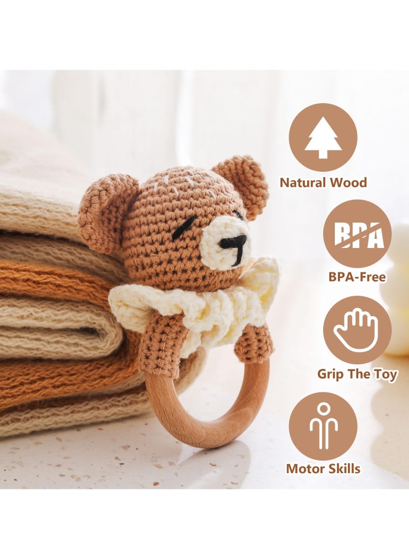 Wooden Baby Rattle with Crochet Bear, Infant Wood Animal Toy for Early Development and Grips, Newborn Stuffed Animal Rattle