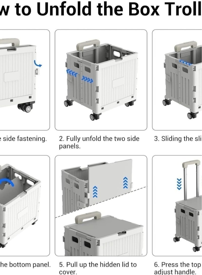 Marketero Collapsible Shopping Box Trolley on Wheels 4 Wheels 360°Rotate Folding Teacher Trolley Cart with Wheels Heavy Duty 30kg Capacity & Telescopic Handle for Camping Shopping Grey