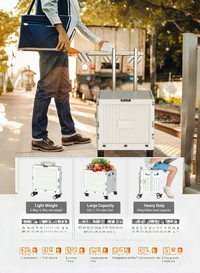 Marketero Collapsible Shopping Box Trolley on Wheels 4 Wheels 360°Rotate Folding Teacher Trolley Cart with Wheels Heavy Duty 30kg Capacity & Telescopic Handle for Camping Shopping Grey