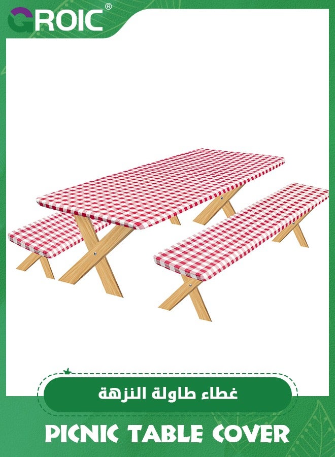 3Pcs OutdoorLines Vinyl Fitted Picnic Table Cover with Bench Covers,Waterproof Camping Tablecloth for Picnic Table,lastic Picnic Table Covers for Outdoor, Camping,72x30 Inches Patio Table Cover