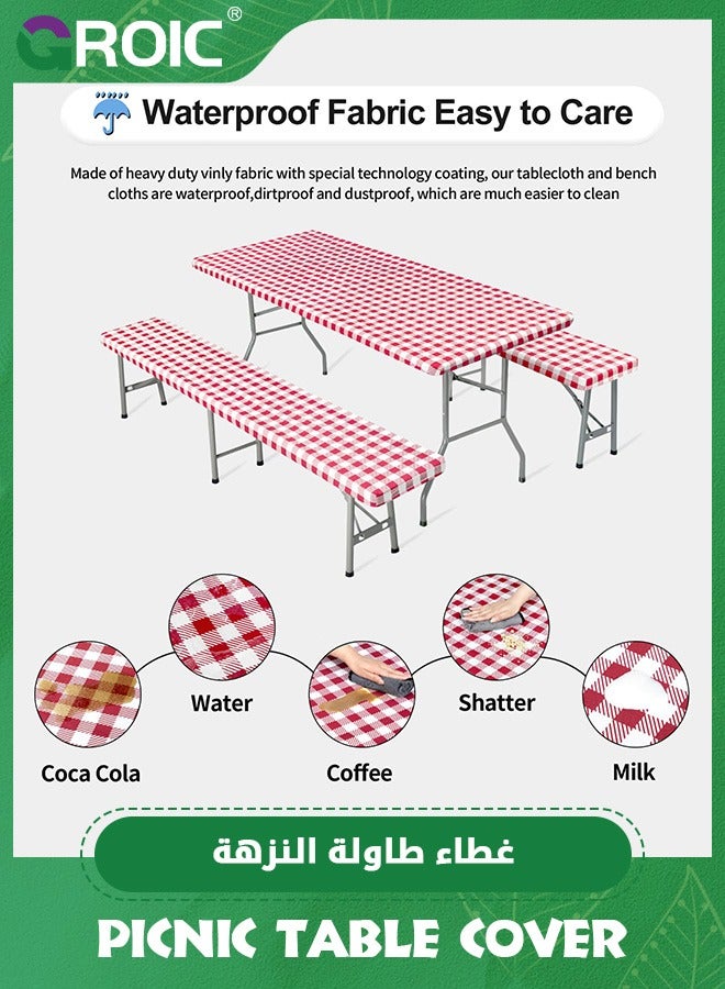 3Pcs OutdoorLines Vinyl Fitted Picnic Table Cover with Bench Covers,Waterproof Camping Tablecloth for Picnic Table,lastic Picnic Table Covers for Outdoor, Camping,72x30 Inches Patio Table Cover