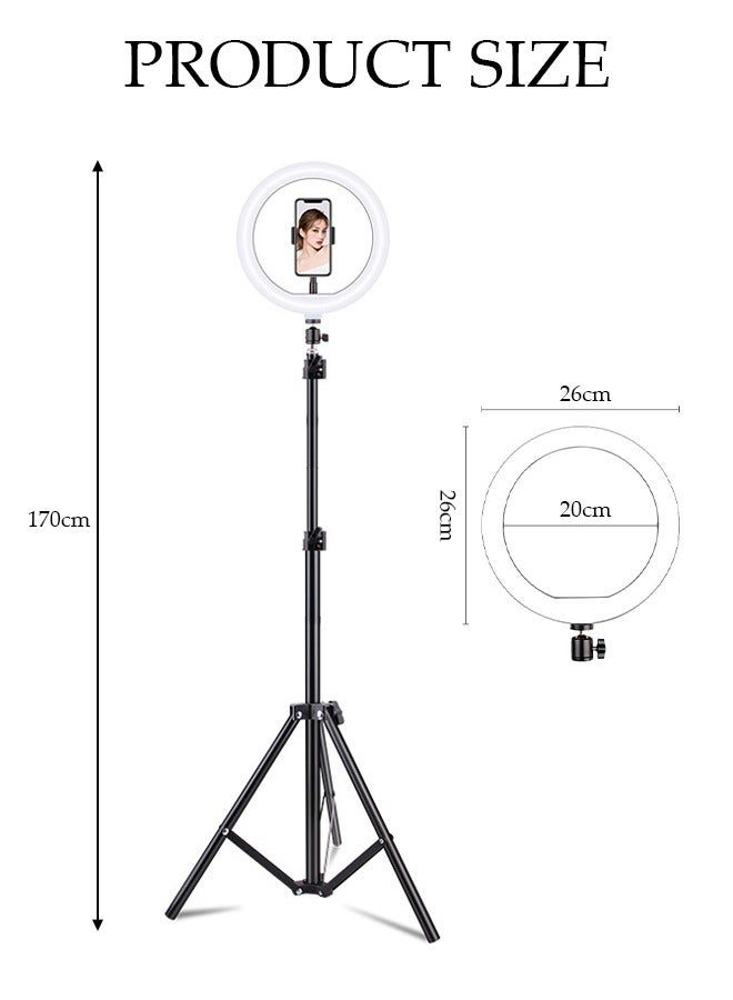 10 inch Selfie Ring Light with 170cm Floor Tripod and Desk Stand, Dimmable LED Circle Light with Phone Holder, for Makeup, Photo Selfie, Video Recording, Live Streaming