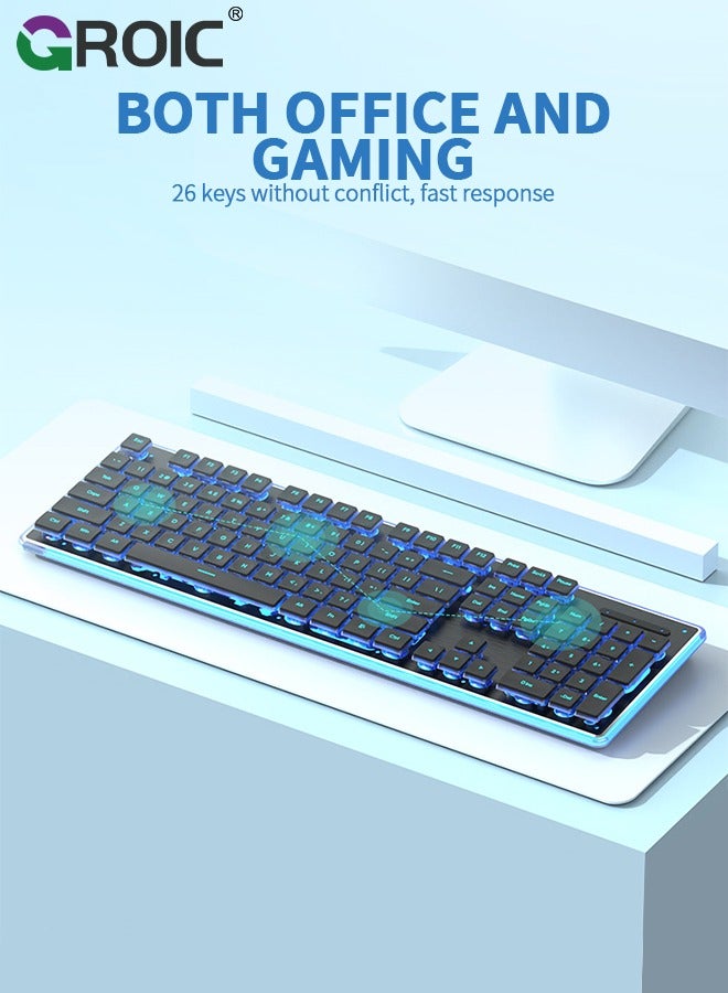 Black RGB Gaming Keyboard, Comfortable Quiet Silent Keys with RGB LED Lighting Effects, Spill Resistant, Dedicated Media Keys, Compatible with Windows 10/8.1/8/7