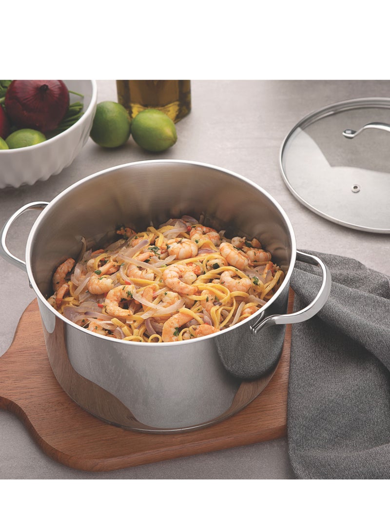 Since 1911,Made in Brazil-  Tramontina, Una Cookware Set, Stainless Steel, 7-Piece Set, Premium Quality, Mirror Finish, Tri-Ply Base, Even Heat Distribution, Faster Cooking, Energy Efficiency, Food Warmth, Tight-Fitting Glass Lids, Steam Vent, Dishwasher Safe, Culinary Pleasure, Elegant Kitchen, Captivating Design, Convenient Cooking, Unmatched Aroma, Flavorful Dishes, Guaranteed Satisfaction