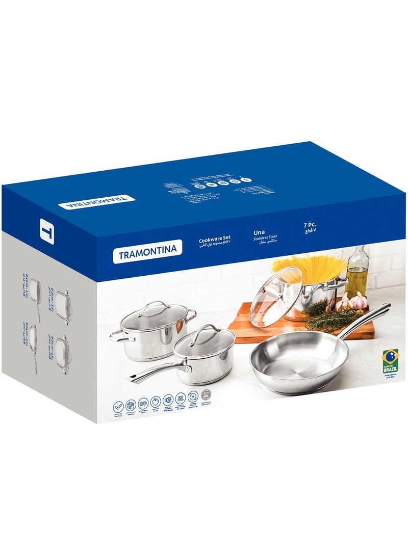 Since 1911,Made in Brazil-  Tramontina, Una Cookware Set, Stainless Steel, 7-Piece Set, Premium Quality, Mirror Finish, Tri-Ply Base, Even Heat Distribution, Faster Cooking, Energy Efficiency, Food Warmth, Tight-Fitting Glass Lids, Steam Vent, Dishwasher Safe, Culinary Pleasure, Elegant Kitchen, Captivating Design, Convenient Cooking, Unmatched Aroma, Flavorful Dishes, Guaranteed Satisfaction