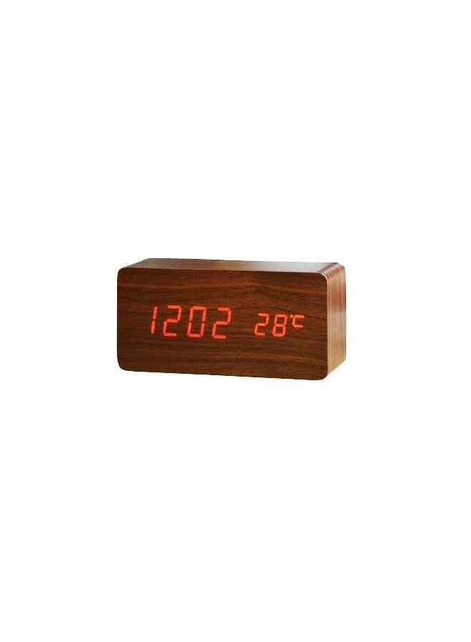 Wood Digital Voice Control Thermometer Wooden Alarm Clock Red