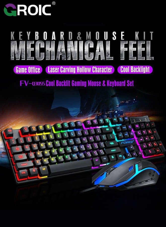 Gaming Keyboard and Mouse Set, Multiple Color Rainbow LED Backlit Multimedia PC Gaming Keyboard,Office Keyboard Colorful Breathing Backlit Gaming Mouse for Working or Primer Gaming,Office Device