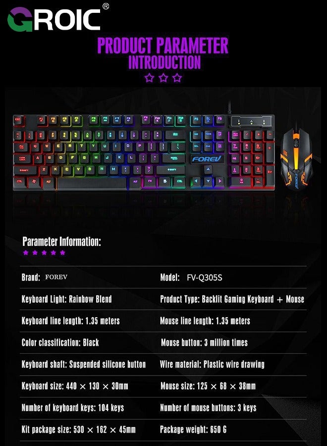 Gaming Keyboard and Mouse Set, Multiple Color Rainbow LED Backlit Multimedia PC Gaming Keyboard,Office Keyboard Colorful Breathing Backlit Gaming Mouse for Working or Primer Gaming,Office Device