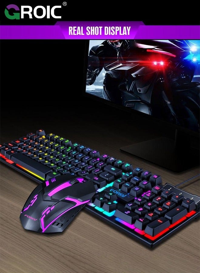 Gaming Keyboard and Mouse Set, Multiple Color Rainbow LED Backlit Multimedia PC Gaming Keyboard,Office Keyboard Colorful Breathing Backlit Gaming Mouse for Working or Primer Gaming,Office Device