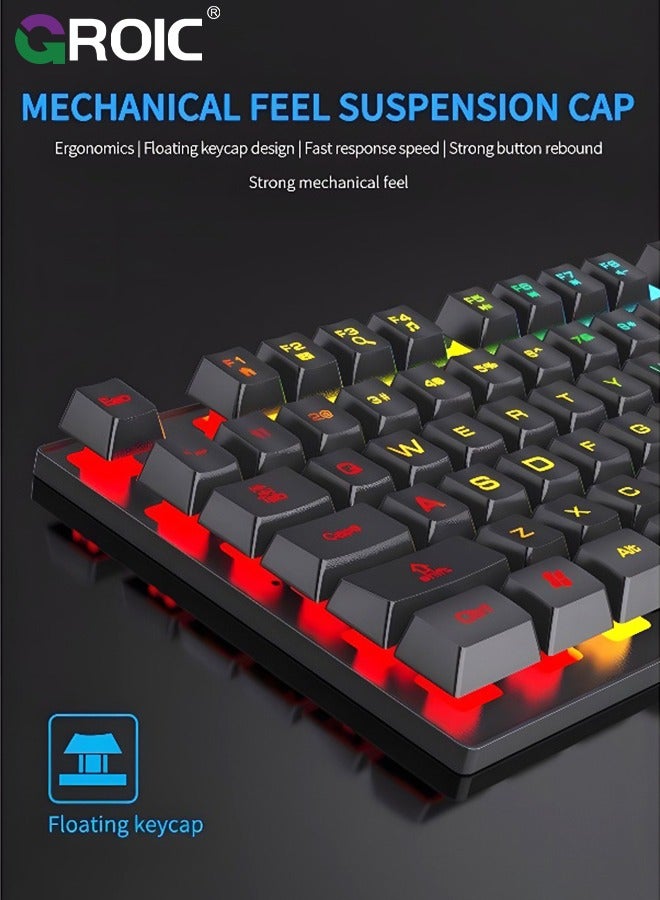 Gaming Keyboard and Mouse Set, Multiple Color Rainbow LED Backlit Multimedia PC Gaming Keyboard,Office Keyboard Colorful Breathing Backlit Gaming Mouse for Working or Primer Gaming,Office Device