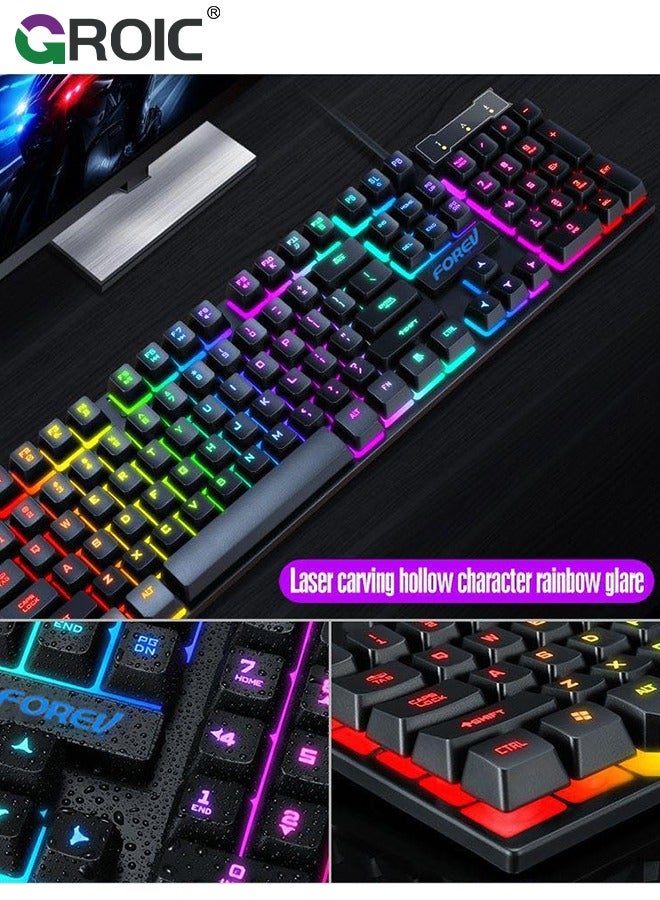 Gaming Keyboard and Mouse Set, Multiple Color Rainbow LED Backlit Multimedia PC Gaming Keyboard,Office Keyboard Colorful Breathing Backlit Gaming Mouse for Working or Primer Gaming,Office Device