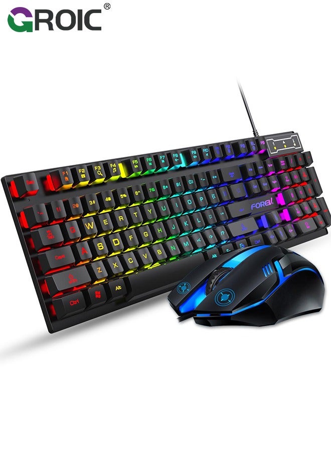 Gaming Keyboard and Mouse Set, Multiple Color Rainbow LED Backlit Multimedia PC Gaming Keyboard,Office Keyboard Colorful Breathing Backlit Gaming Mouse for Working or Primer Gaming,Office Device