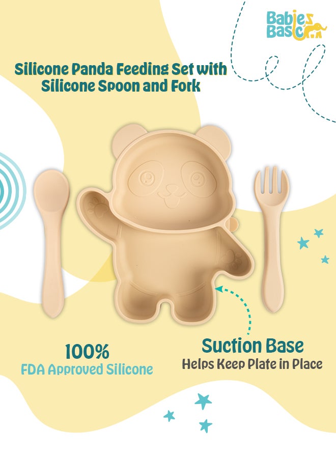 Feeding Set, 3 Piece Panda Silicone Set, Easy To Grip, Silicone Suction Plate With Silicone Spoon And Fork - Beige