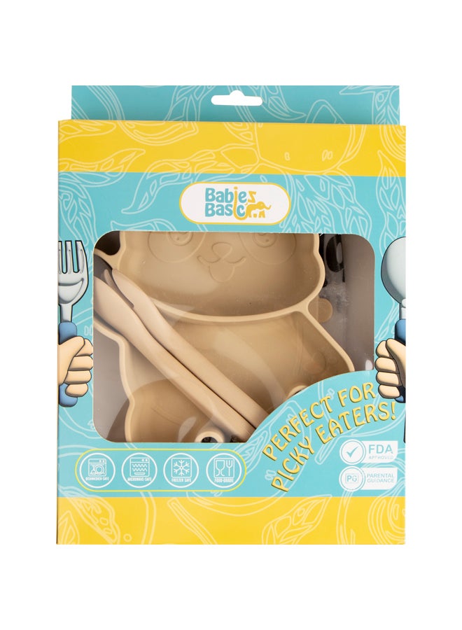 Feeding Set, 3 Piece Panda Silicone Set, Easy To Grip, Silicone Suction Plate With Silicone Spoon And Fork - Beige