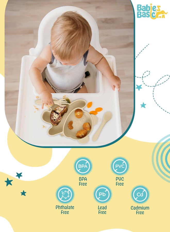 Feeding Set, 3 Piece Panda Silicone Set, Easy To Grip, Silicone Suction Plate With Silicone Spoon And Fork - Beige