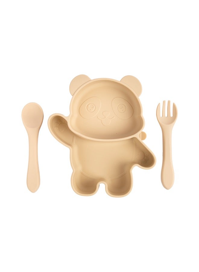 Feeding Set, 3 Piece Panda Silicone Set, Easy To Grip, Silicone Suction Plate With Silicone Spoon And Fork - Beige