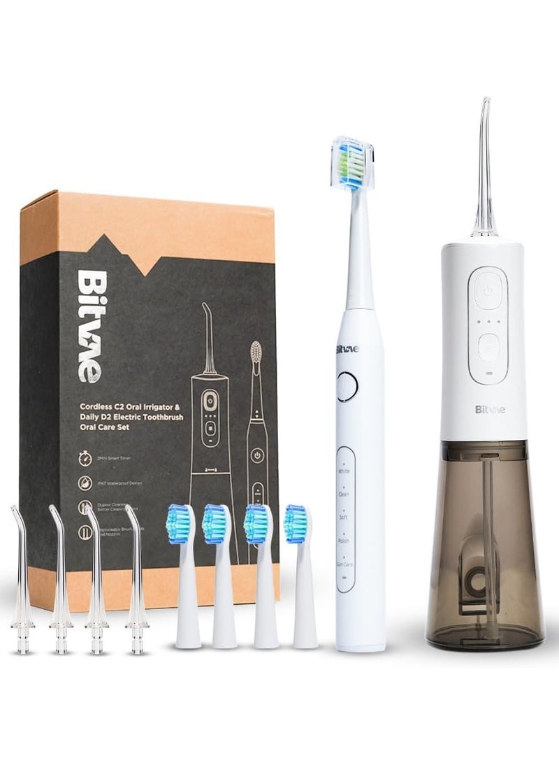 Bitvae Electric Toothbrush with Water Flosser, 4H Charge Maximum 30 Days Use, 5 Modes Sonic Electric Toothbrush, 3 Modes Cordless Dental Flosser Picks, 4 Brush Heads and 4 Water Jet Tips