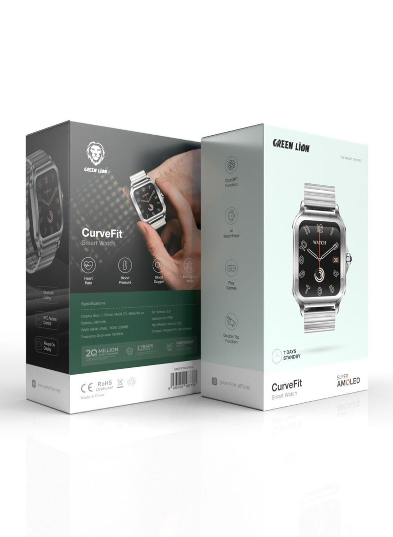 Green Lion CurveFit SmartWatches AMOLED |7 Days Standby & Double Tap Function| 260 mAh Battery Capacity |Bluetooth Version V5.0| IP68 Waterproof- Silver