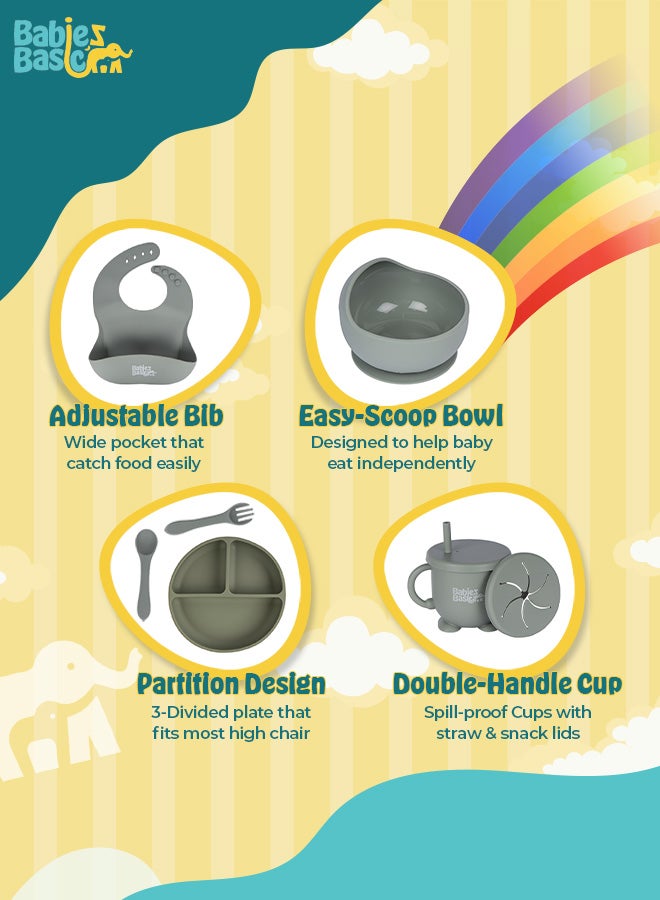 Feeding Set, 6 Piece, Silicone Set For Self Feeding, Learning & Fine Motor Skills Soft, Easy To Grip, Bib, Bowl, Plate, Mini Utensils, Spoon & 2 In 1 Cup - Green