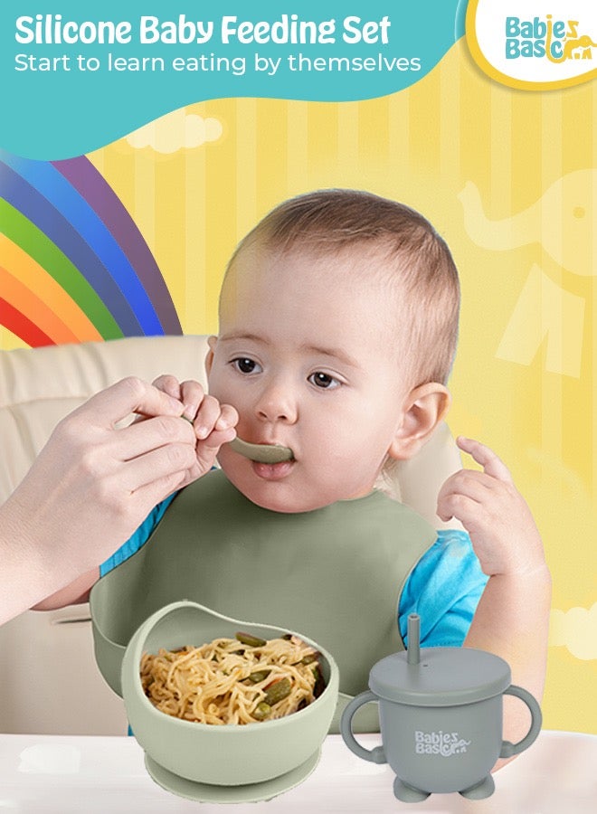 Feeding Set, 6 Piece, Silicone Set For Self Feeding, Learning & Fine Motor Skills Soft, Easy To Grip, Bib, Bowl, Plate, Mini Utensils, Spoon & 2 In 1 Cup - Green