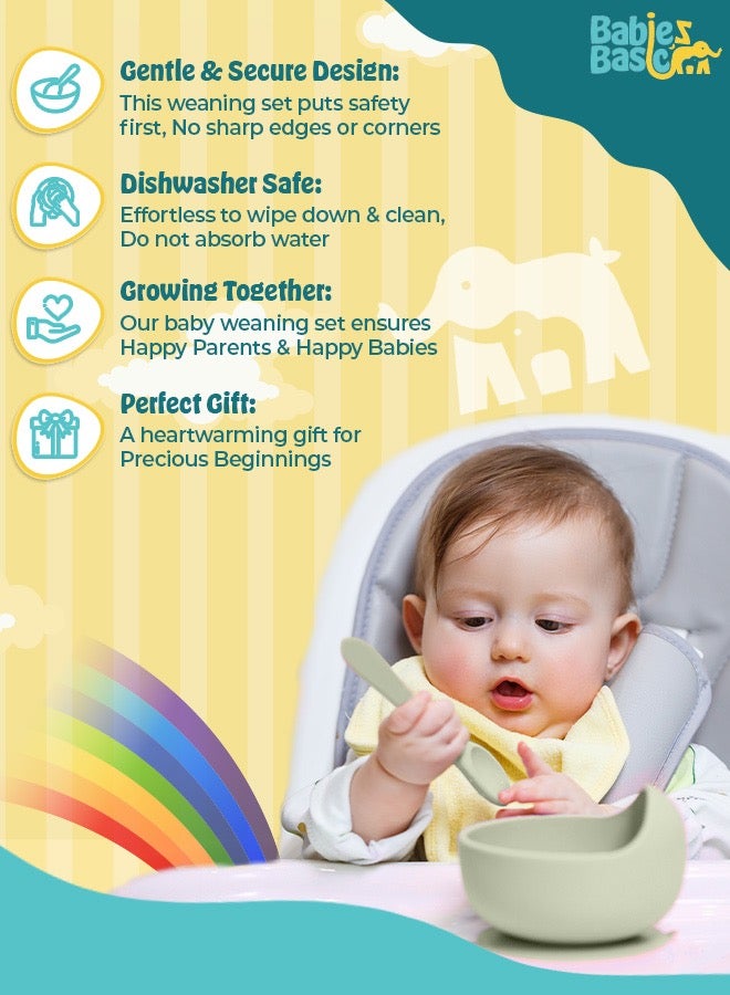 Feeding Set, 6 Piece, Silicone Set For Self Feeding, Learning & Fine Motor Skills Soft, Easy To Grip, Bib, Bowl, Plate, Mini Utensils, Spoon & 2 In 1 Cup - Green
