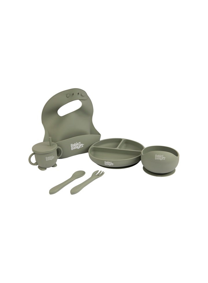 Feeding Set, 6 Piece, Silicone Set For Self Feeding, Learning & Fine Motor Skills Soft, Easy To Grip, Bib, Bowl, Plate, Mini Utensils, Spoon & 2 In 1 Cup - Green
