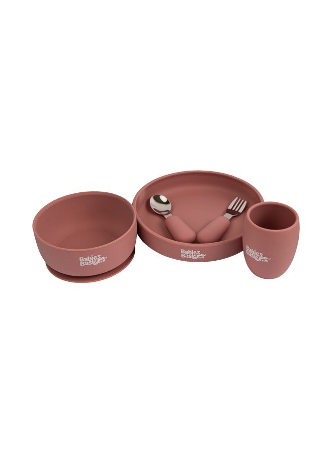 5 Pc Set With Silicone Plate, Bowl, Cup And Stainless Steel Cutlery With Case - Pink