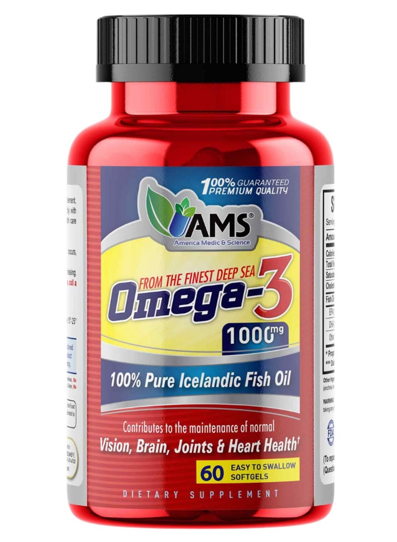 AMS Omega-3 1000mg Icelandic Fish Oil Supplement for Brain, Vision, Joints, & Heart Health Maintenance - gluten free, yeast free, sodium free