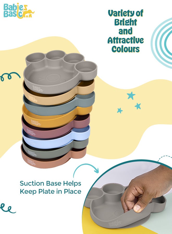 Feeding Set, 3 Piece, Silicone Set For Self Feeding, Learning & Fine Motor Skills Soft, Easy To Grip,Silicone Suction Plate With Silicone Spoon And Fork- Grey