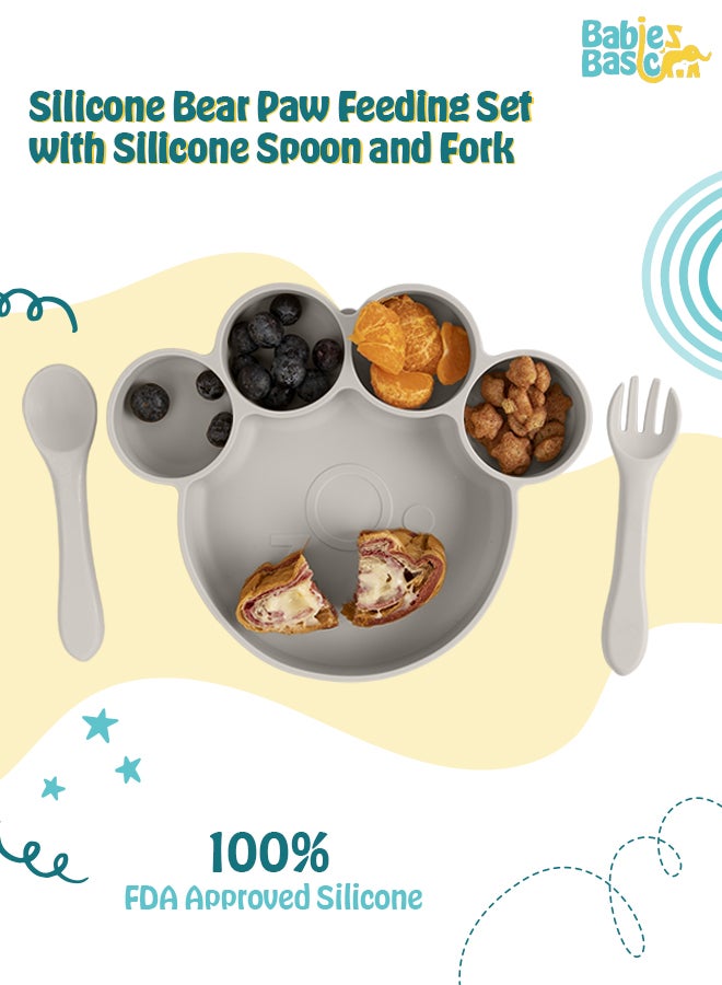 Feeding Set, 3 Piece, Silicone Set For Self Feeding, Learning & Fine Motor Skills Soft, Easy To Grip,Silicone Suction Plate With Silicone Spoon And Fork- Grey