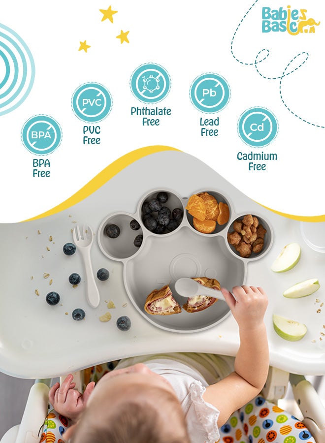 Feeding Set, 3 Piece, Silicone Set For Self Feeding, Learning & Fine Motor Skills Soft, Easy To Grip,Silicone Suction Plate With Silicone Spoon And Fork- Grey