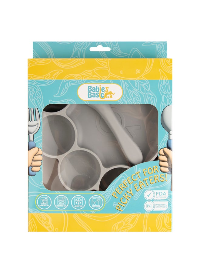 Feeding Set, 3 Piece, Silicone Set For Self Feeding, Learning & Fine Motor Skills Soft, Easy To Grip,Silicone Suction Plate With Silicone Spoon And Fork- Grey
