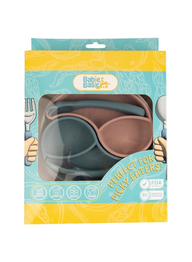 Feeding Set With Removable Sections , 3 Piece, Silicone Set Easy To Grip, Silicone Suction Plate With Silicone Spoon And Fork- Blue