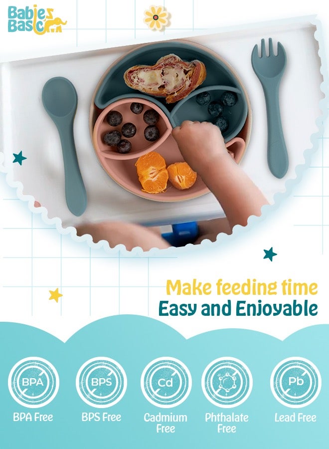 Feeding Set With Removable Sections , 3 Piece, Silicone Set Easy To Grip, Silicone Suction Plate With Silicone Spoon And Fork- Blue