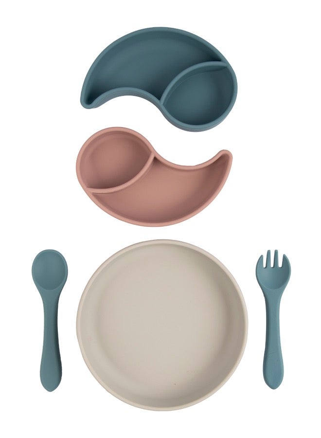 Feeding Set With Removable Sections , 3 Piece, Silicone Set Easy To Grip, Silicone Suction Plate With Silicone Spoon And Fork- Blue