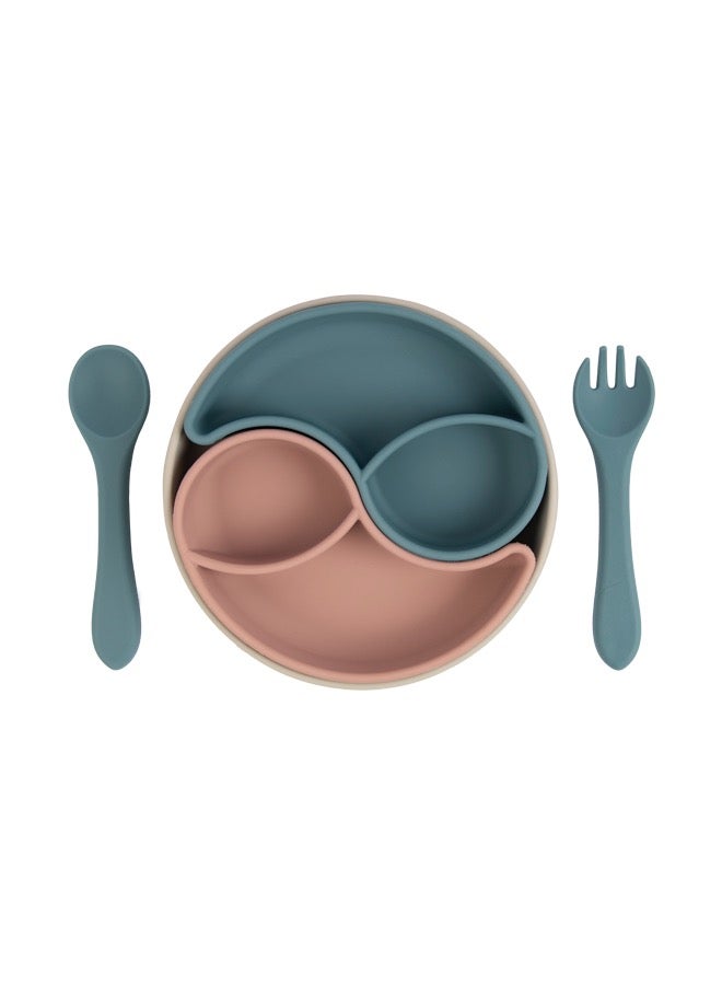 Feeding Set With Removable Sections , 3 Piece, Silicone Set Easy To Grip, Silicone Suction Plate With Silicone Spoon And Fork- Blue