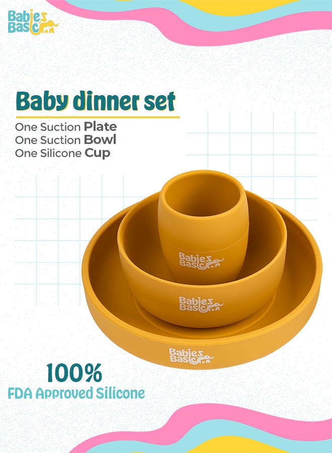 5 Pc Set With Silicone Plate, Bowl, Cup And Stainless Steel Cutlery With Case - Yellow