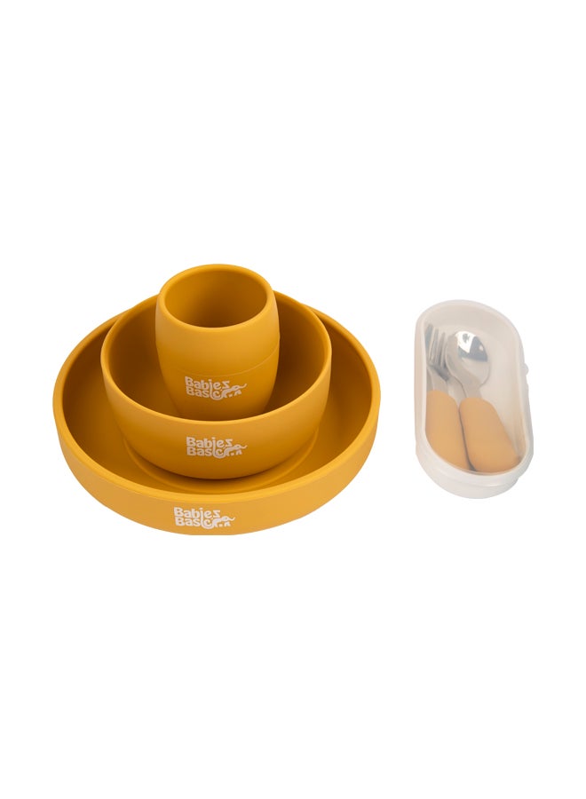 5 Pc Set With Silicone Plate, Bowl, Cup And Stainless Steel Cutlery With Case - Yellow