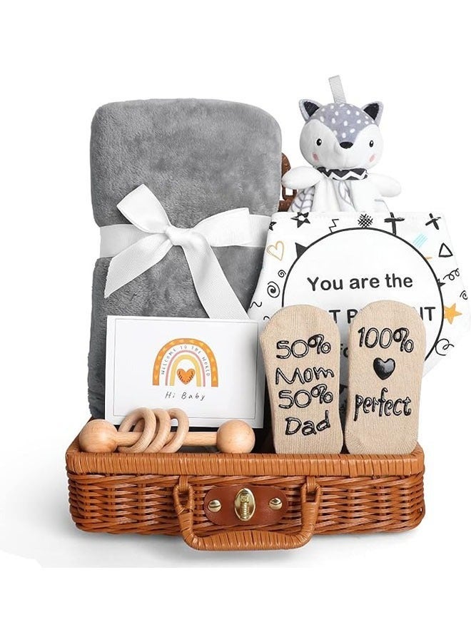 Baby Shower Gifts, New Born Baby Gifts for Girls Boys, Unique Baby Gifts Basket Essential Stuff - Baby Lovey Blanket Newborn Bibs Socks Wooden Rattle & Greeting Card, Newborn Baby Gift Set