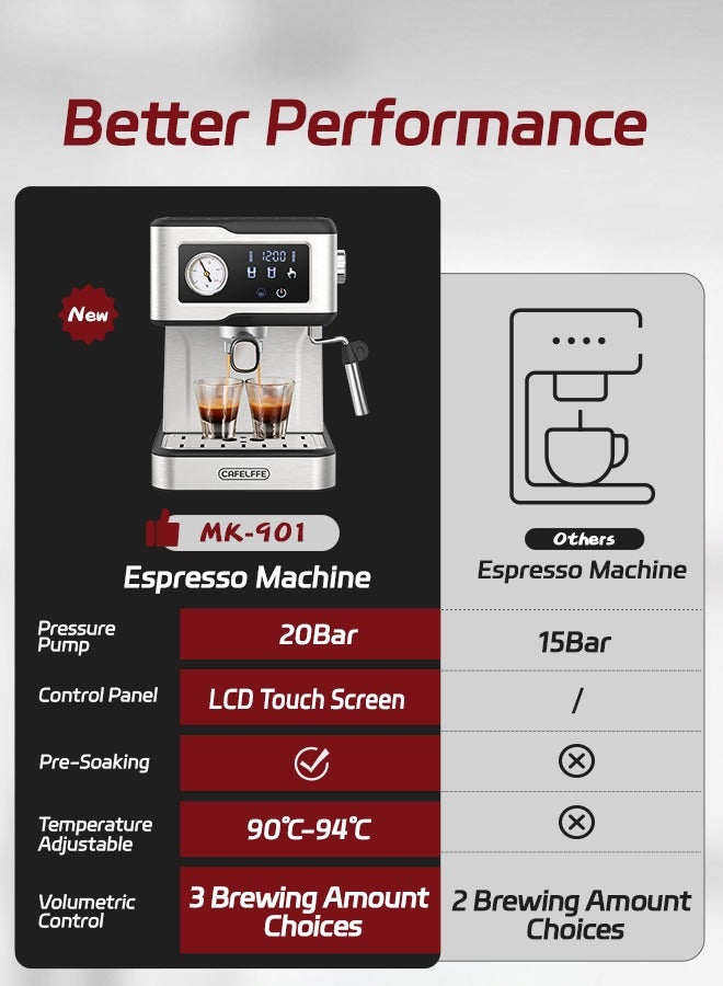 Espresso Coffee Machine With Milk Frother And Steamer 20Bar Pump Pressure Espresso Machine LCD Touch Screen Espresso Maker For Home Barista Or Office Latte Cappuccino Machine 1.5L