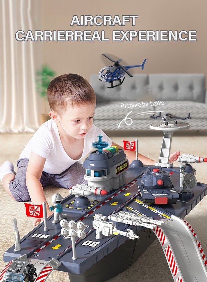 Aircraft Carrier Ship Toy for Kids, Aircraft Carrier Set with 2 Planes, 1 Tucker and 2 Police Cars and 2 Own Guns, Cannon, Track, Radar, Parking Apron, DIY Construction Educational Building Blocks Toy