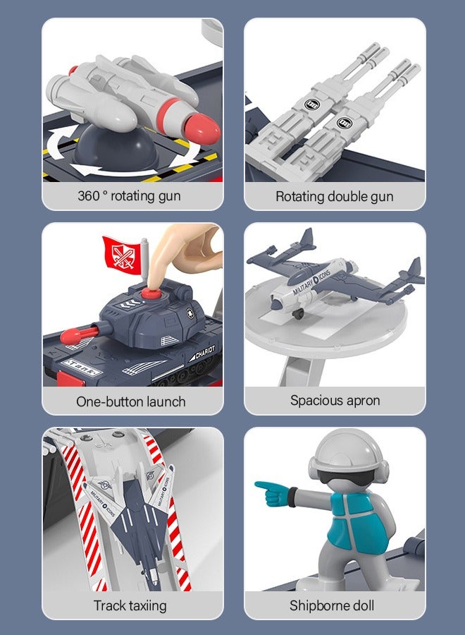 Aircraft Carrier Ship Toy for Kids, Aircraft Carrier Set with 2 Planes, 1 Tucker and 2 Police Cars and 2 Own Guns, Cannon, Track, Radar, Parking Apron, DIY Construction Educational Building Blocks Toy