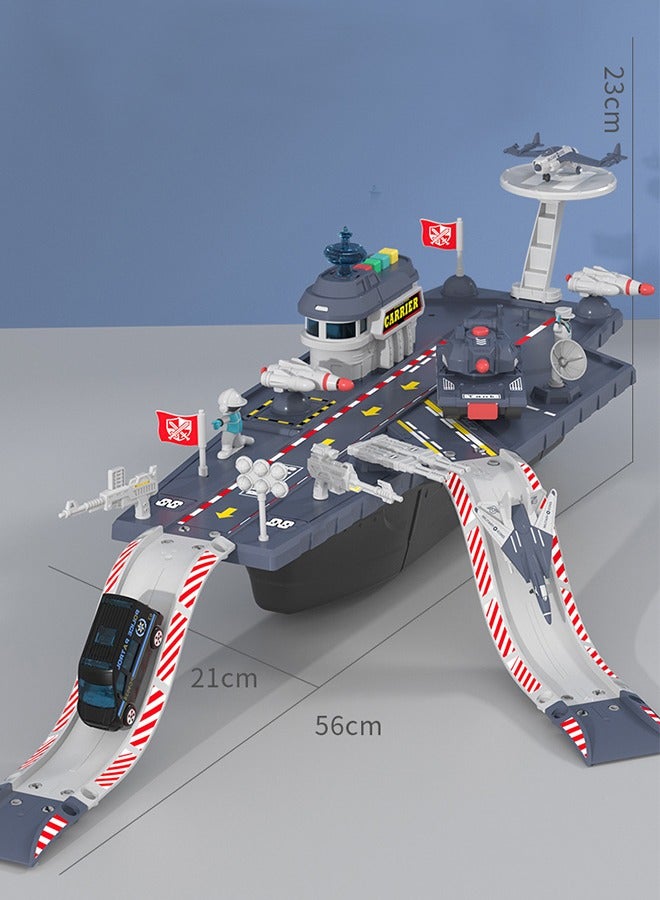 Aircraft Carrier Ship Toy for Kids, Aircraft Carrier Set with 2 Planes, 1 Tucker and 2 Police Cars and 2 Own Guns, Cannon, Track, Radar, Parking Apron, DIY Construction Educational Building Blocks Toy